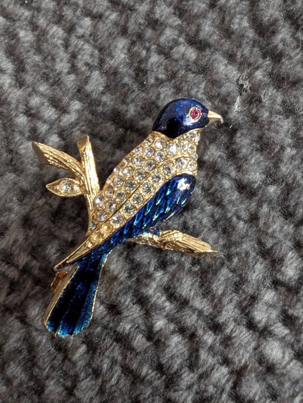 Vintage Blue Gold Bird Brooch with Rhinestones Elegant Enamel Pin